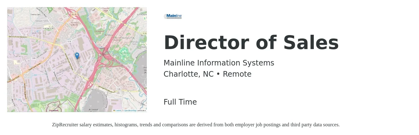 Mainline Information Systems job posting for a Director of Sales in Charlotte, NC with a salary of $68,900 to $122,100 Yearly with a map of Charlotte location.