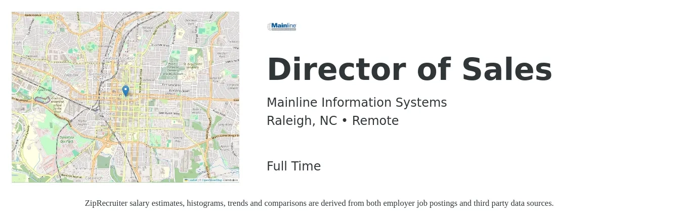 Mainline Information Systems job posting for a Director of Sales in Raleigh, NC with a salary of $68,500 to $121,500 Yearly with a map of Raleigh location.