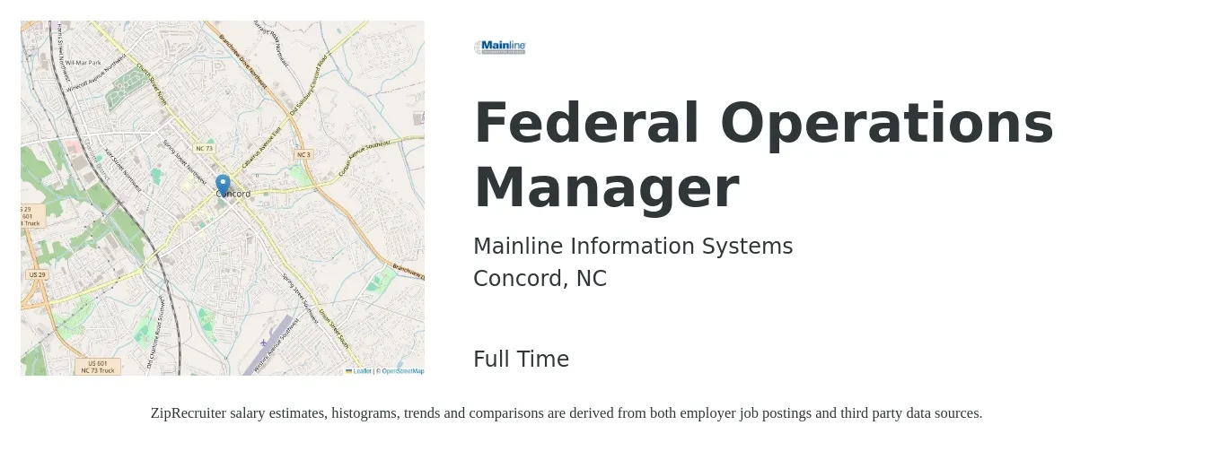 Mainline Information Systems job posting for a Federal Operations Manager in Concord, NC with a salary of $38,200 to $72,200 Yearly with a map of Concord location.