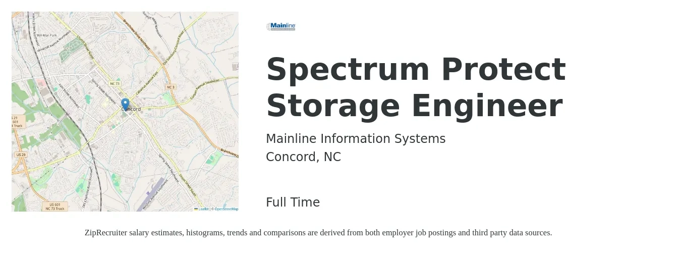 Mainline Information Systems job posting for a Spectrum Protect Storage Engineer in Concord, NC with a salary of $45 to $64 Hourly with a map of Concord location.