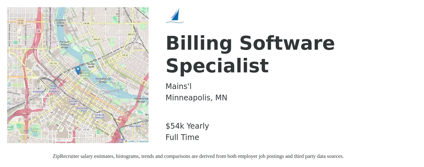 Mains'l job posting for a Billing Software Specialist in Minneapolis, MN with a salary of $54,466 Yearly with a map of Minneapolis location.