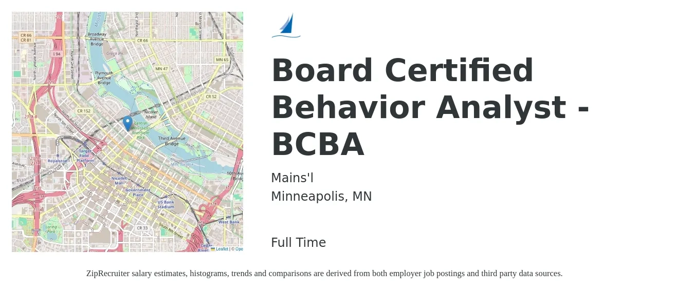 Mains'l job posting for a Board Certified Behavior Analyst -BCBA in Minneapolis, MN with a salary of $60,000 to $70,000 Yearly with a map of Minneapolis location.