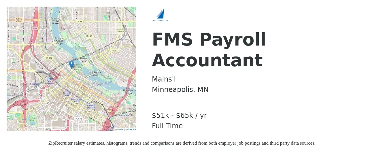 Mains'l job posting for a FMS Payroll Accountant in Minneapolis, MN with a salary of $51,000 to $65,000 Yearly with a map of Minneapolis location.