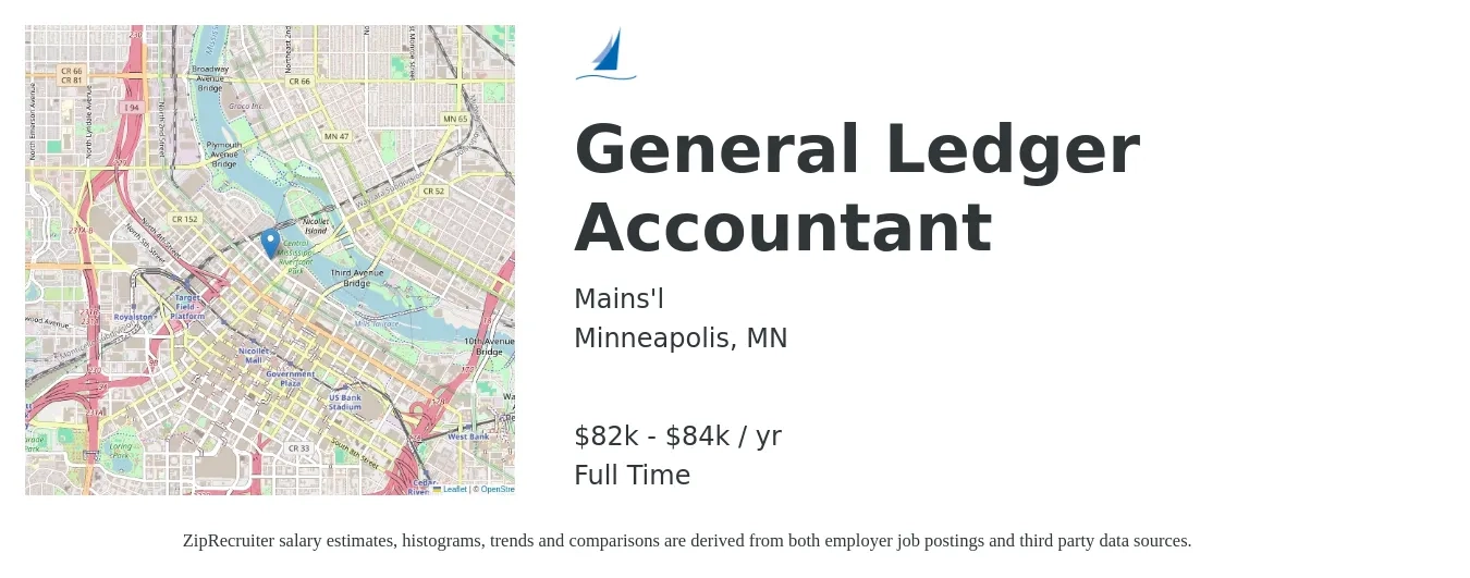Mains'l job posting for a General Ledger Accountant in Minneapolis, MN with a salary of $82,396 to $84,562 Yearly with a map of Minneapolis location.