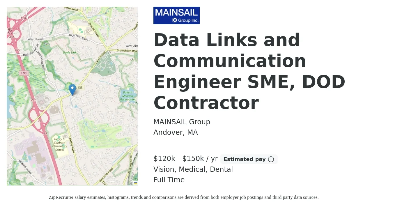 MAINSAIL Group job posting for a Data Links and Communication Engineer SME, DOD Contractor in Andover, MA with a salary of $120,000 to $150,000 Yearly and benefits including medical, retirement, vision, dental, and life_insurance with a map of Andover location.