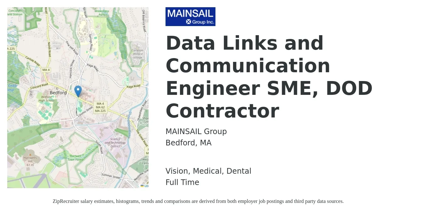 MAINSAIL Group job posting for a Data Links and Communication Engineer SME, DOD Contractor in Bedford, MA and benefits including medical, pto, retirement, vision, dental, and life_insurance with a map of Bedford location.