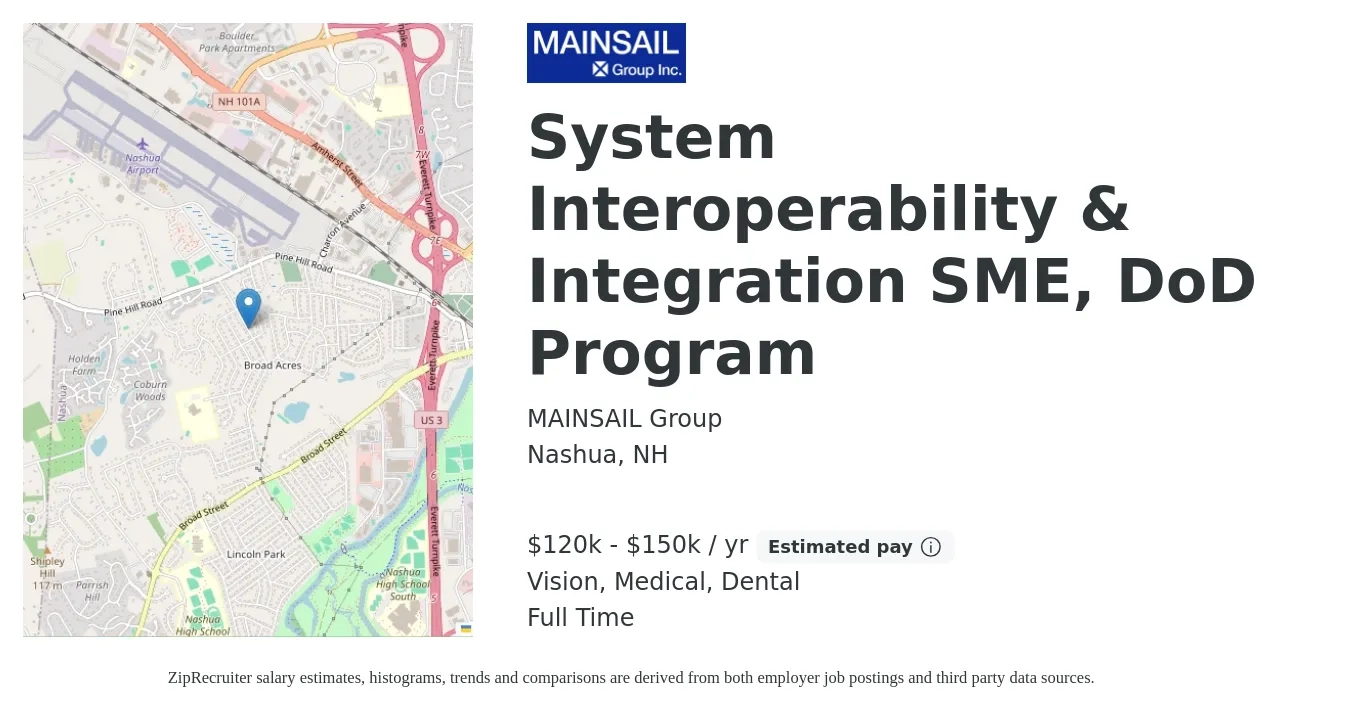 MAINSAIL Group job posting for a System Interoperability & Integration SME, DoD Program in Nashua, NH with a salary of $120,000 to $150,000 Yearly and benefits including dental, life_insurance, medical, retirement, and vision with a map of Nashua location.
