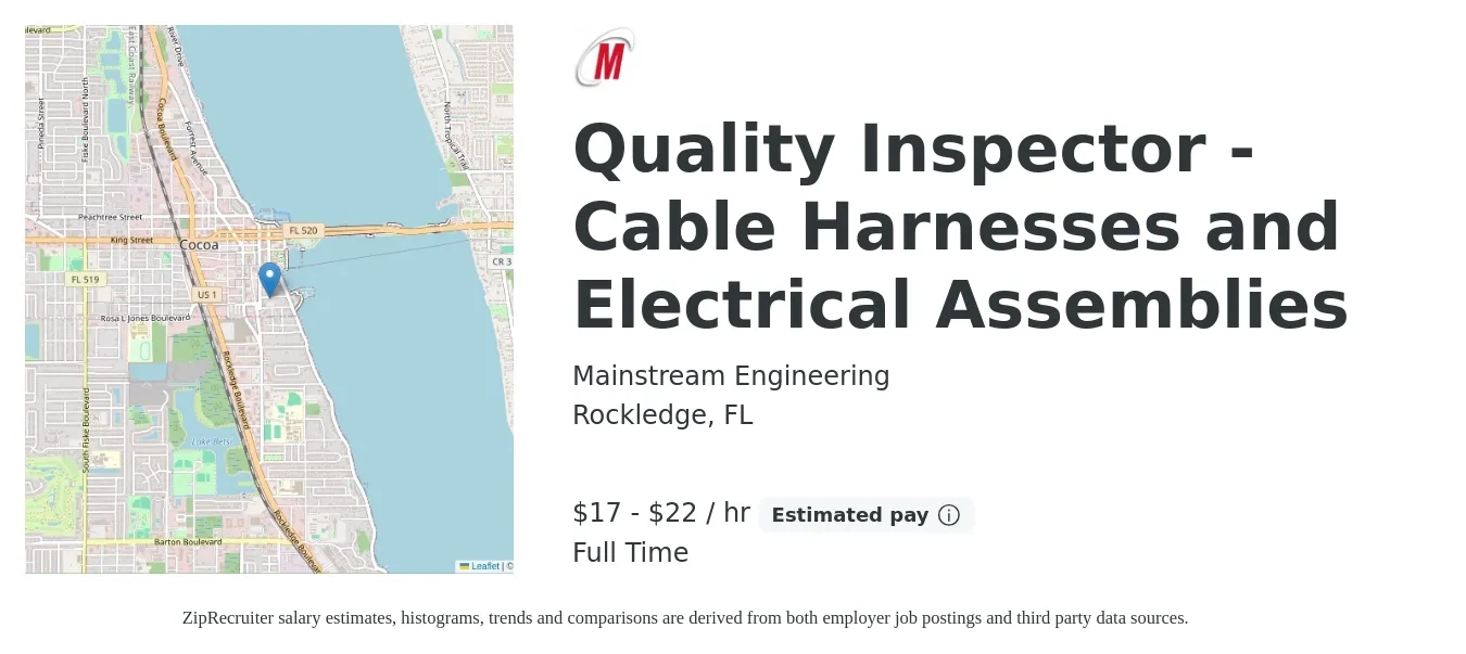 Mainstream Engineering job posting for a Quality Inspector - Cable Harnesses and Electrical Assemblies in Rockledge, FL with a salary of $18 to $23 Hourly with a map of Rockledge location.