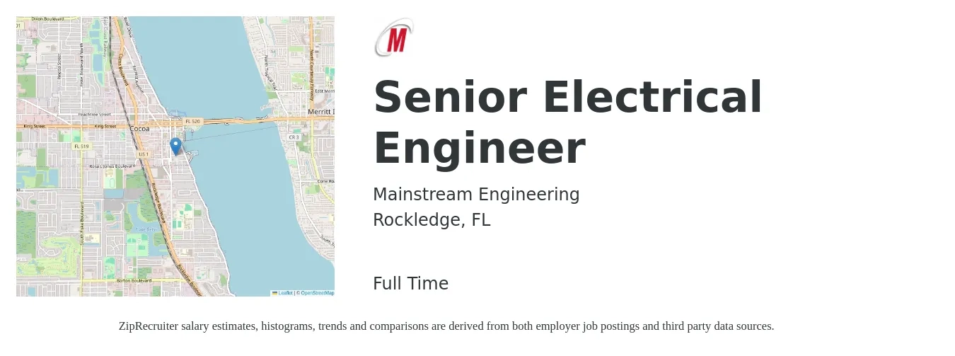 Mainstream Engineering job posting for a Senior Electrical Engineer in Rockledge, FL with a salary of $93,800 to $122,100 Yearly with a map of Rockledge location.