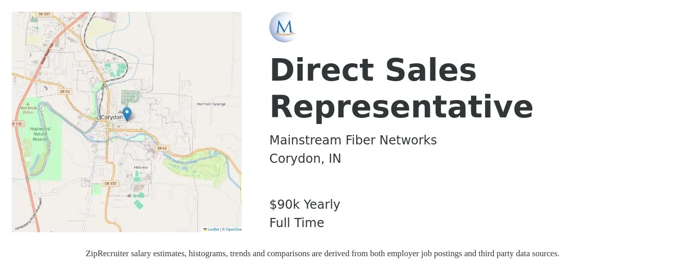 Mainstream Fiber Networks job posting for a Direct Sales Representative in Corydon, IN with a salary of $90,000 Yearly with a map of Corydon location.