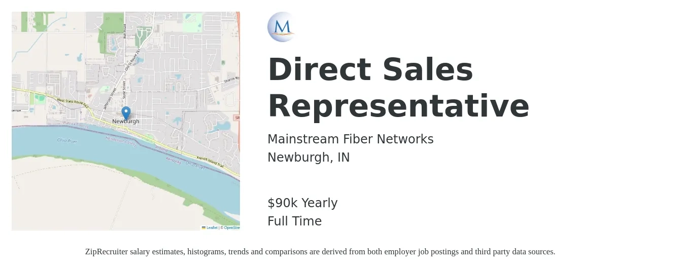 Mainstream Fiber Networks job posting for a Direct Sales Representative in Newburgh, IN with a salary of $90,000 Yearly with a map of Newburgh location.