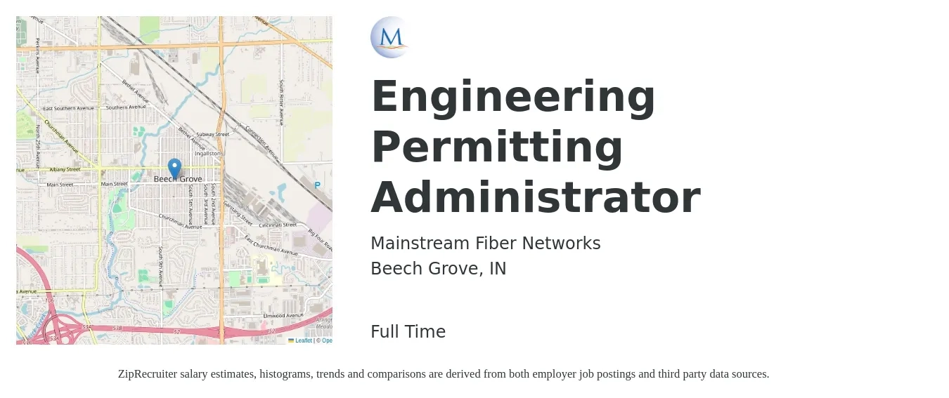 Mainstream Fiber Networks job posting for a Engineering Permitting Administrator in Beech Grove, IN with a map of Beech Grove location.