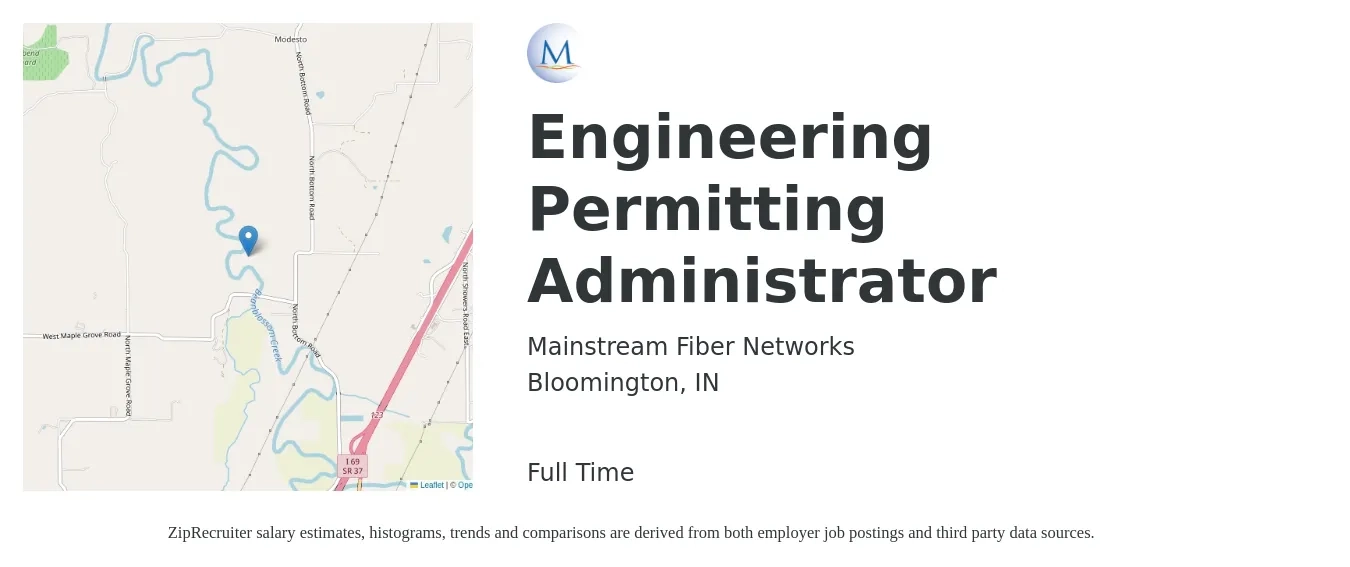 Mainstream Fiber Networks job posting for a Engineering Permitting Administrator in Bloomington, IN with a map of Bloomington location.