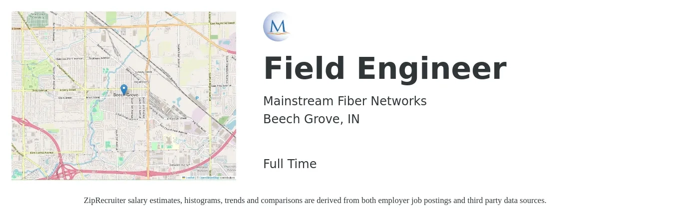 Mainstream Fiber Networks job posting for a Field Engineer in Beech Grove, IN with a salary of $24 to $40 Hourly with a map of Beech Grove location.