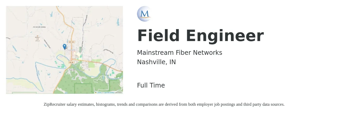 Mainstream Fiber Networks job posting for a Field Engineer in Nashville, IN with a salary of $23 to $40 Hourly with a map of Nashville location.