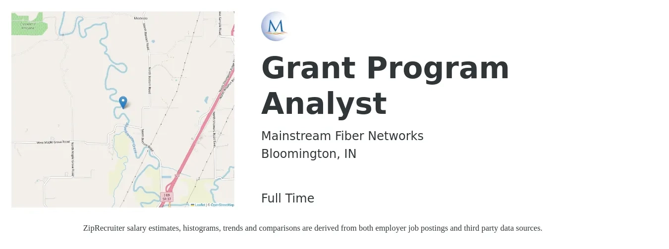 Mainstream Fiber Networks job posting for a Grant Program Analyst in Bloomington, IN with a salary of $53,200 to $76,300 Yearly with a map of Bloomington location.