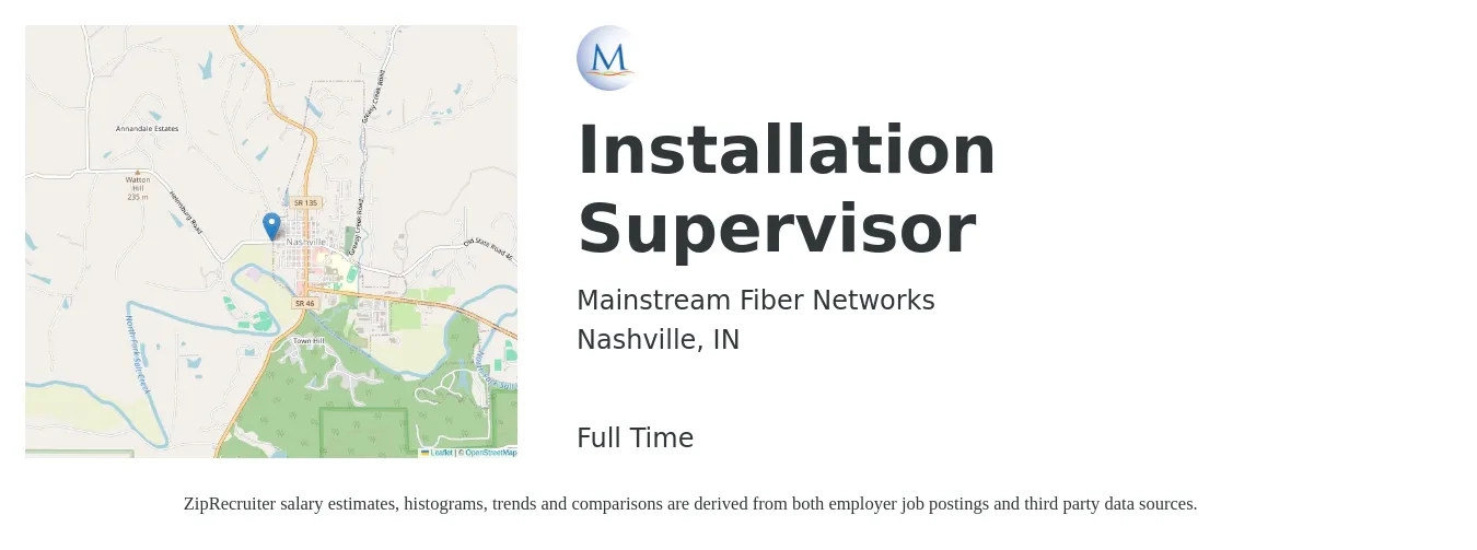 Mainstream Fiber Networks job posting for a Installation Supervisor in Nashville, IN with a salary of $23 to $31 Hourly with a map of Nashville location.