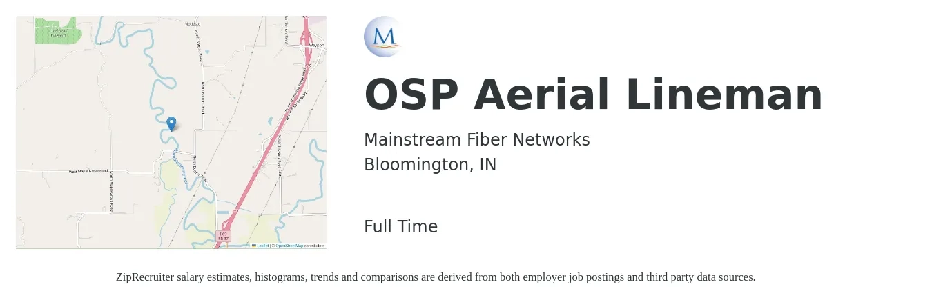 Mainstream Fiber Networks job posting for a OSP Aerial Lineman in Bloomington, IN with a salary of $20 to $26 Hourly with a map of Bloomington location.