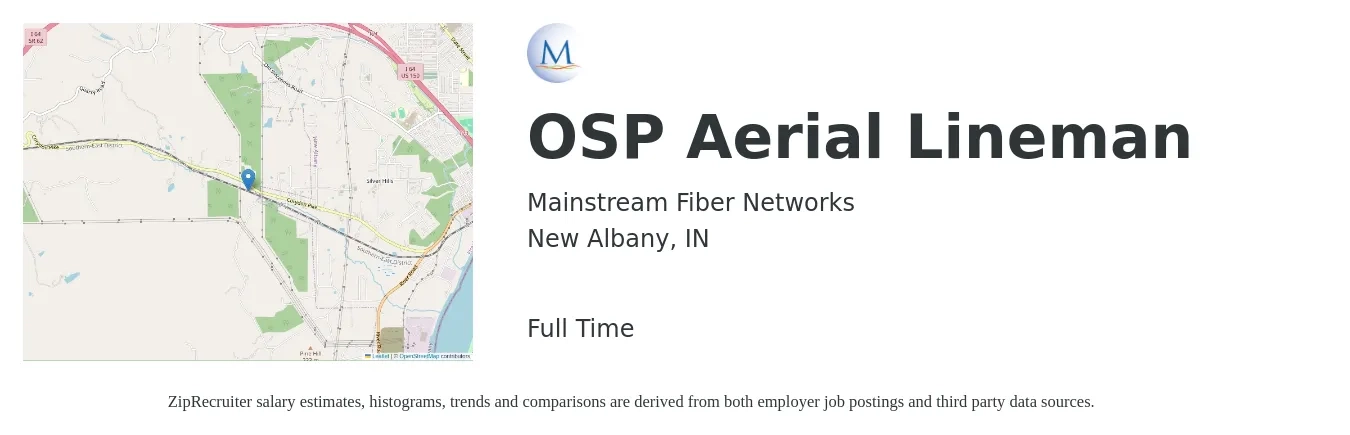Mainstream Fiber Networks job posting for a OSP Aerial Lineman in New Albany, IN with a salary of $20 to $26 Hourly with a map of New Albany location.