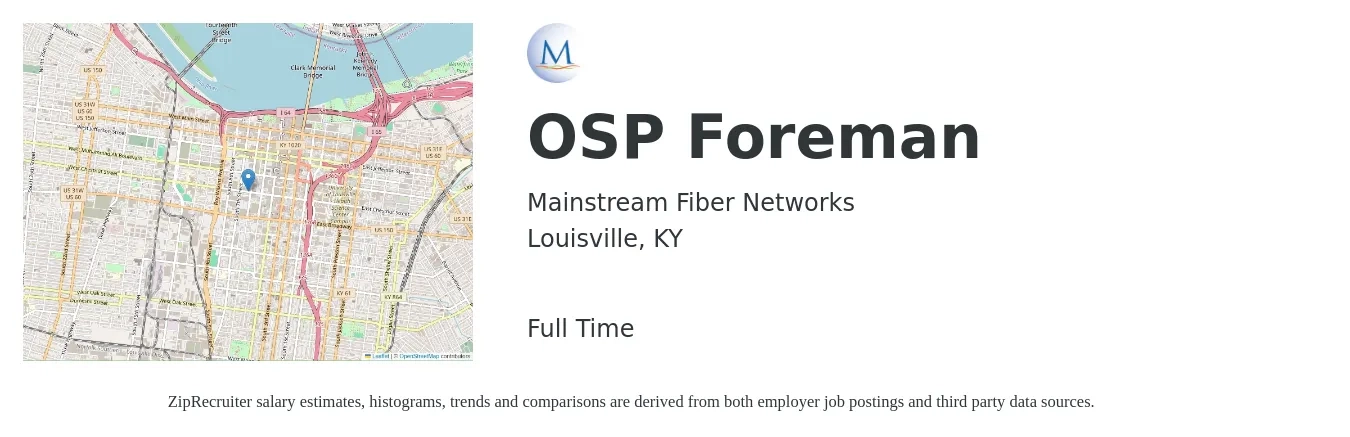 Mainstream Fiber Networks job posting for a OSP Foreman in Louisville, KY with a salary of $68,200 to $111,000 Yearly with a map of Louisville location.