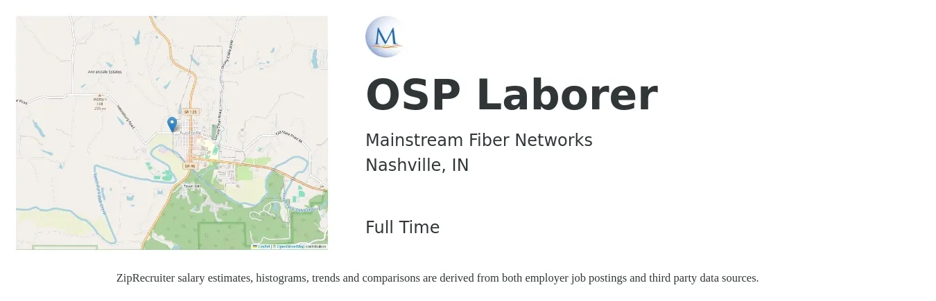 Mainstream Fiber Networks job posting for a OSP Laborer in Nashville, IN with a salary of $12 to $20 Hourly with a map of Nashville location.