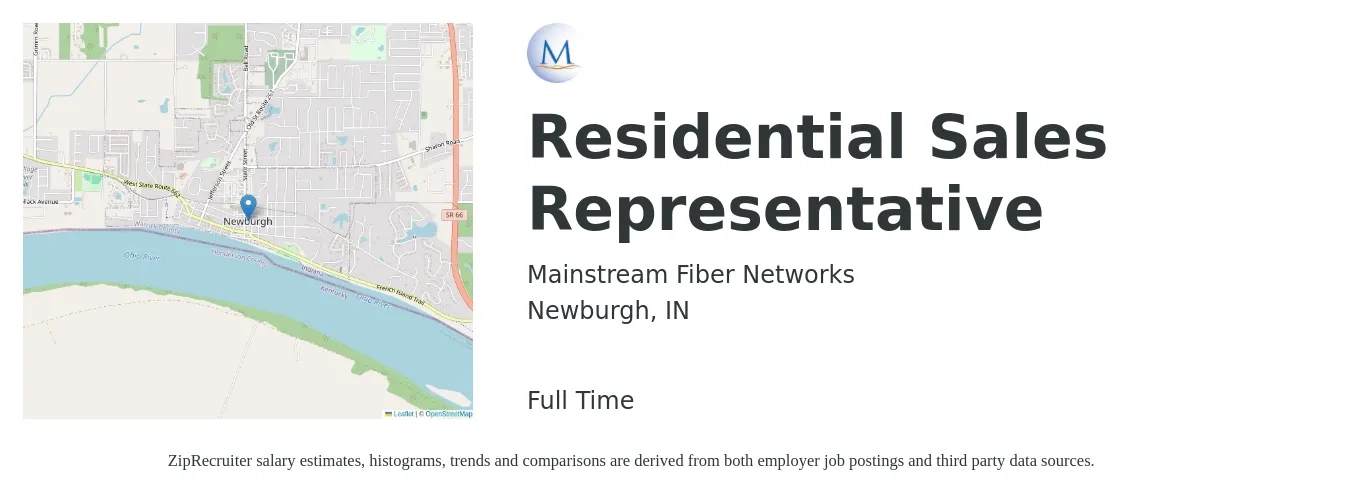 Mainstream Fiber Networks job posting for a Residential Sales Representative in Newburgh, IN with a salary of $47,400 to $73,000 Yearly with a map of Newburgh location.