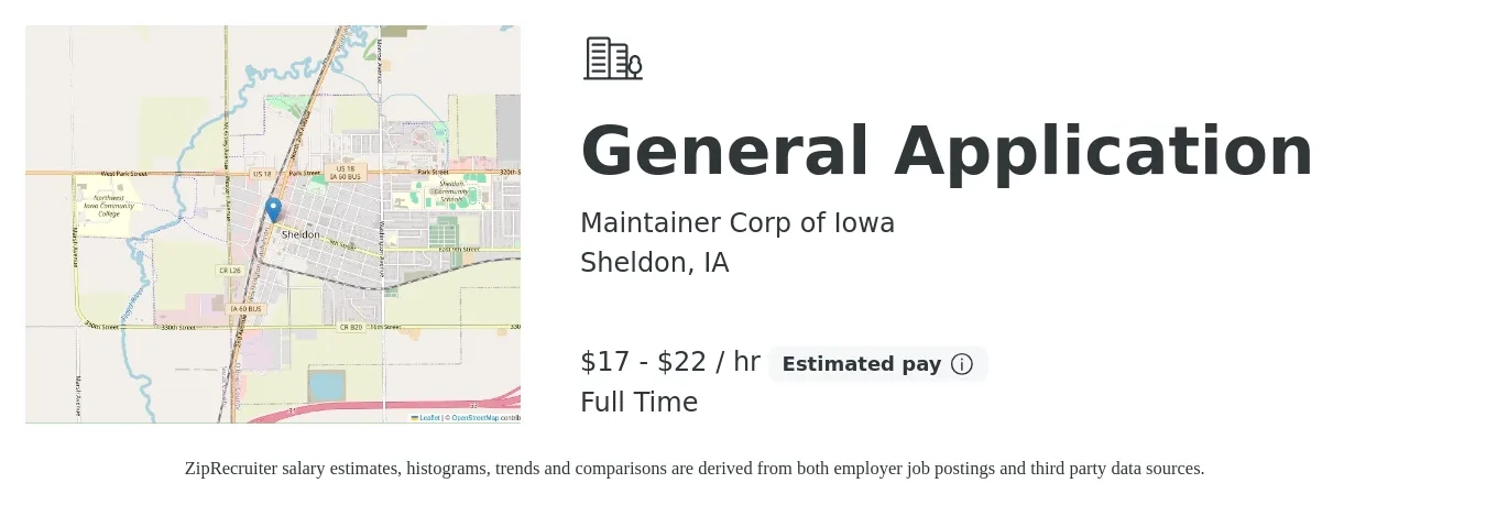 Maintainer Corp of Iowa job posting for a General Application in Sheldon, IA with a salary of $18 to $23 Hourly with a map of Sheldon location.