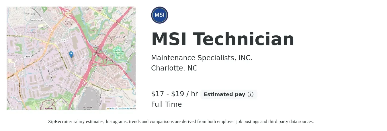 Maintenance Specialists, INC. job posting for a MSI Technician in Charlotte, NC with a salary of $18 to $20 Hourly with a map of Charlotte location.