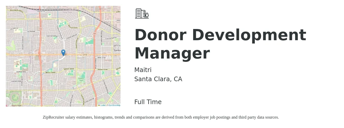 Maitri job posting for a Donor Development Manager in Santa Clara, CA with a salary of $70,000 to $80,000 Yearly with a map of Santa Clara location.