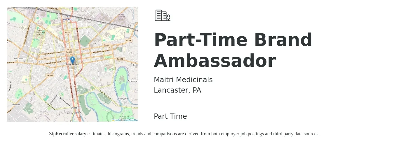 Maitri Medicinals job posting for a Part-Time Brand Ambassador in Lancaster, PA with a salary of $16 to $23 Hourly with a map of Lancaster location.