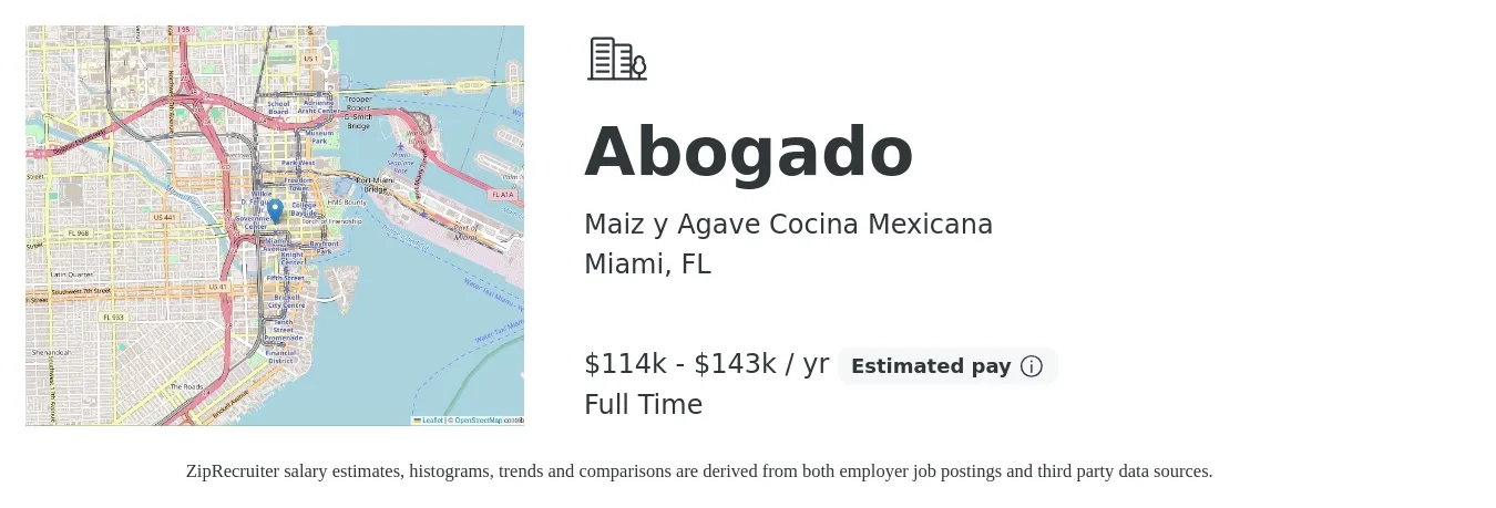 Maiz y Agave Cocina Mexicana job posting for a Abogado in Miami, FL with a salary of $114,000 to $143,000 Yearly with a map of Miami location.