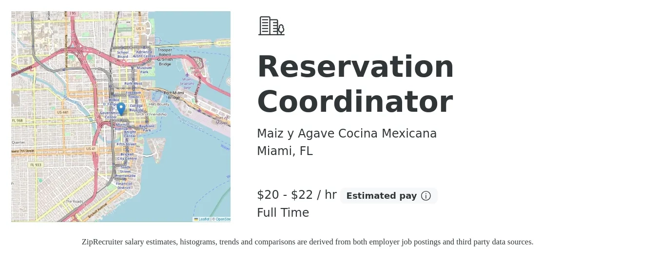 Maiz y Agave Cocina Mexicana job posting for a Reservation Coordinator in Miami, FL with a salary of $21 Hourly with a map of Miami location.