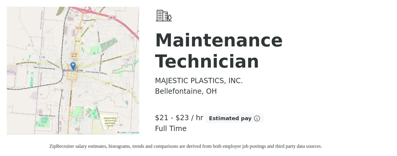 MAJESTIC PLASTICS, INC. job posting for a Maintenance Technician in Bellefontaine, OH with a salary of $22 to $24 Hourly with a map of Bellefontaine location.