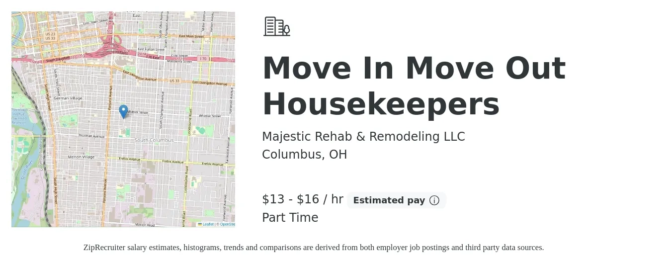 Majestic Rehab & Remodeling LLC job posting for a Move In Move Out Housekeepers in Columbus, OH with a salary of $14 to $17 Hourly with a map of Columbus location.