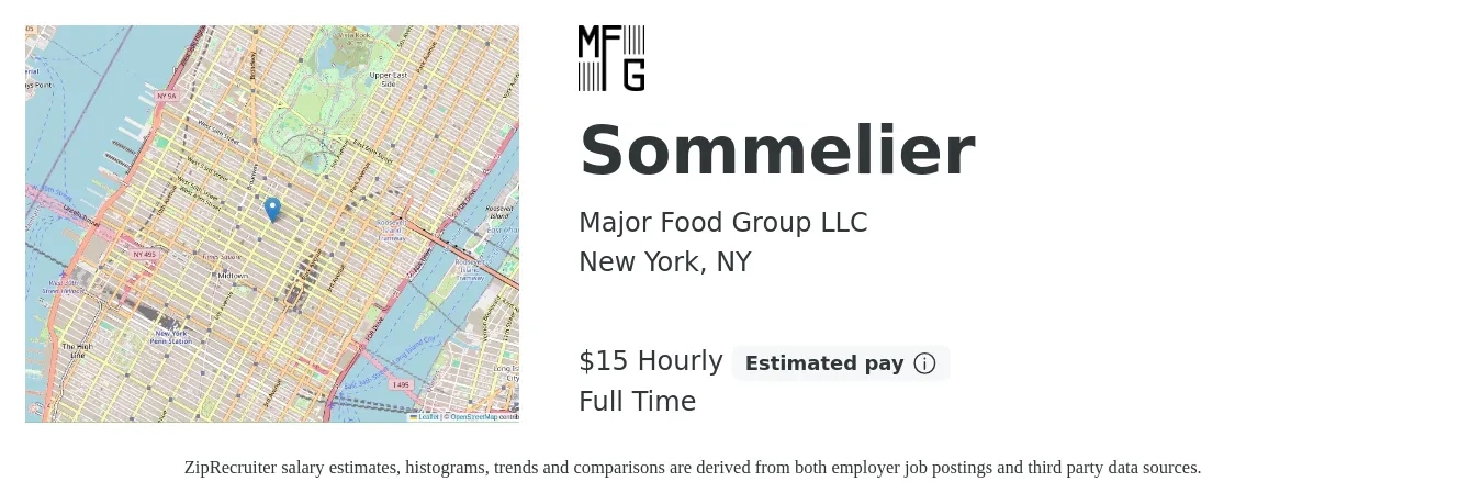 Major Food Group LLC job posting for a Sommelier in New York, NY with a salary of $16 Hourly with a map of New York location.