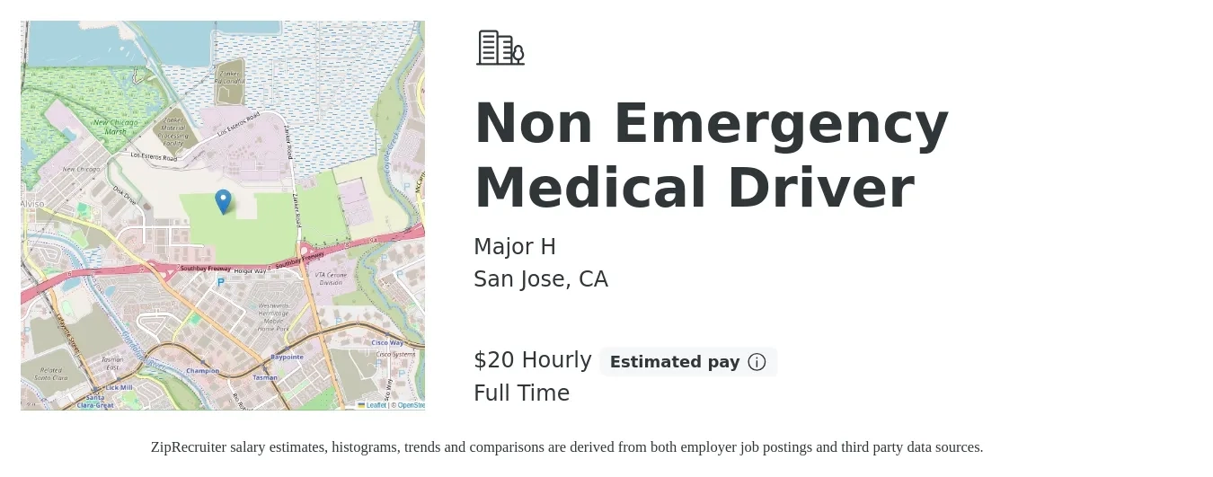 Major H job posting for a Non Emergency Medical Driver in San Jose, CA with a salary of $21 Hourly with a map of San Jose location.