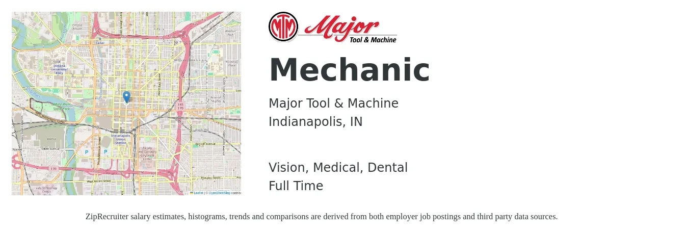 Major Tool & Machine job posting for a Mechanic in Indianapolis, IN with a salary of $18 to $27 Hourly and benefits including dental, life_insurance, medical, pto, retirement, and vision with a map of Indianapolis location.