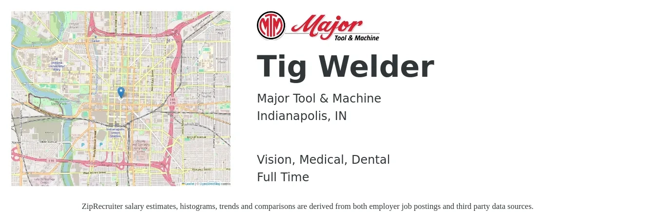 Major Tool & Machine job posting for a Tig Welder in Indianapolis, IN with a salary of $20 to $25 Hourly and benefits including life_insurance, medical, pto, retirement, vision, and dental with a map of Indianapolis location.