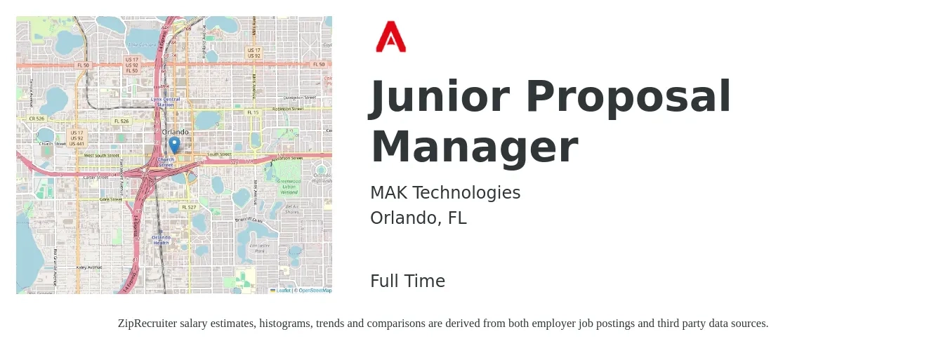 MAK Technologies job posting for a Junior Proposal Manager in Orlando, FL with a salary of $70,100 to $102,700 Yearly with a map of Orlando location.