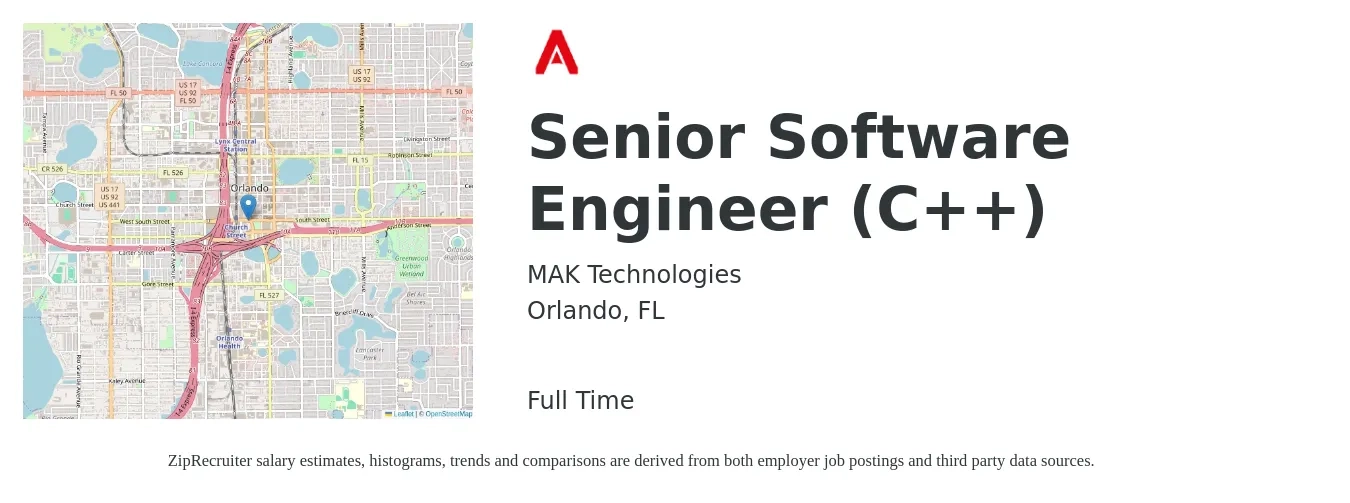 MAK Technologies job posting for a Senior Software Engineer (C++) in Orlando, FL with a salary of $106,600 to $140,600 Yearly with a map of Orlando location.