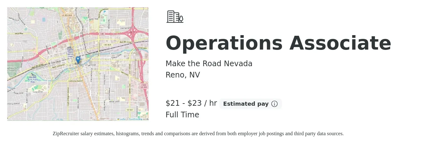 Make the Road Nevada job posting for a Operations Associate in Reno, NV with a salary of $22 to $24 Hourly with a map of Reno location.