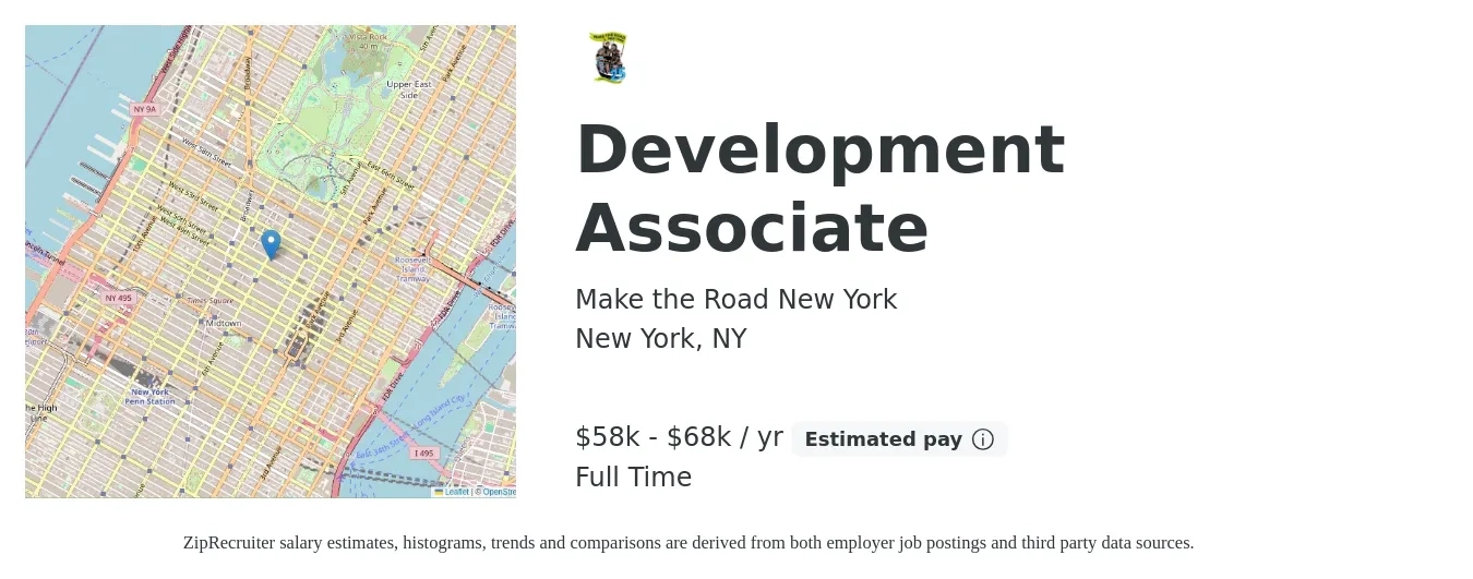 Make the Road New York job posting for a Development Associate in New York, NY with a salary of $58,174 to $68,174 Yearly with a map of New York location.