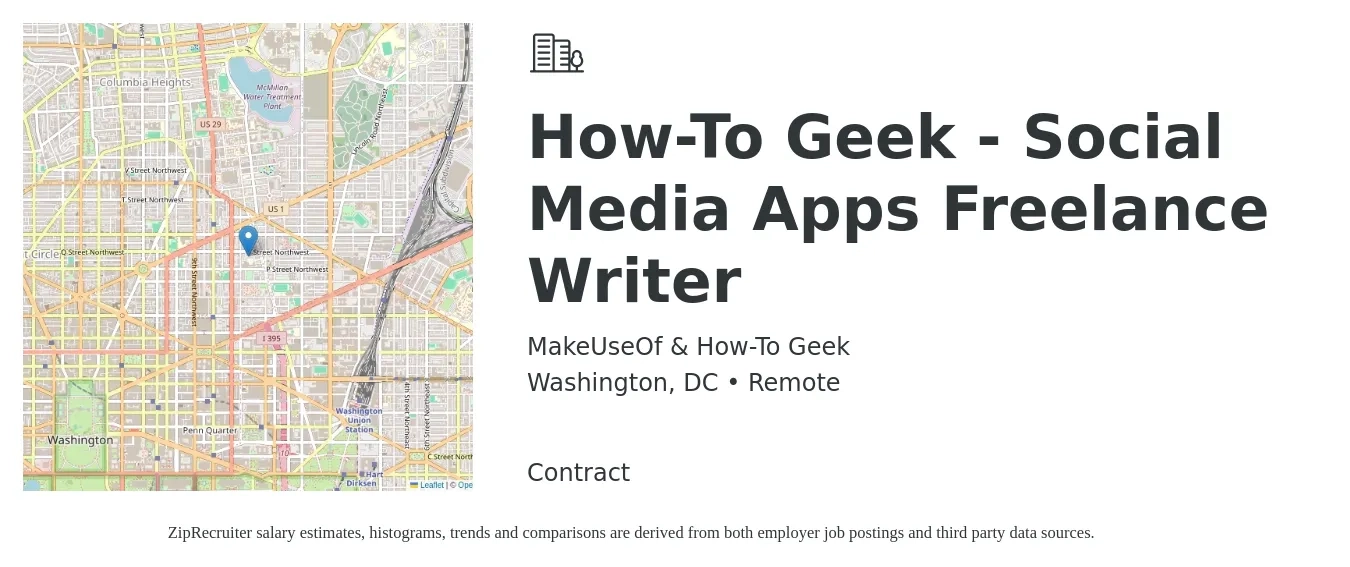 MakeUseOf & How-To Geek job posting for a How-To Geek - Social Media Apps Freelance Writer in Washington, DC with a salary of $24 to $31 Hourly with a map of Washington location.