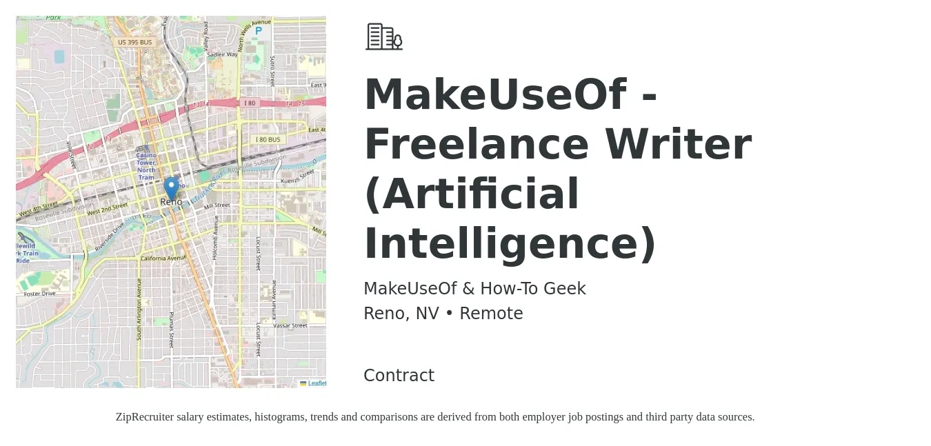 MakeUseOf & How-To Geek job posting for a MakeUseOf - Freelance Writer (Artificial Intelligence) in Reno, NV with a salary of $21 to $27 Hourly with a map of Reno location.