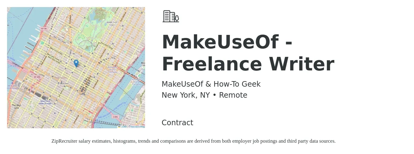 MakeUseOf & How-To Geek job posting for a MakeUseOf - Freelance Writer in New York, NY with a salary of $23 to $30 Hourly with a map of New York location.