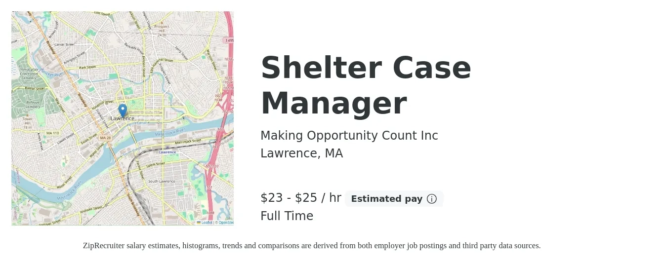 Making Opportunity Count Inc job posting for a Shelter Case Manager in Lawrence, MA with a salary of $24 to $27 Yearly with a map of Lawrence location.