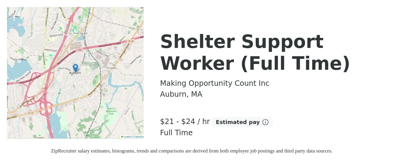 Making Opportunity Count Inc job posting for a Shelter Support Worker (Full Time) in Auburn, MA with a salary of $22 to $25 Hourly with a map of Auburn location.
