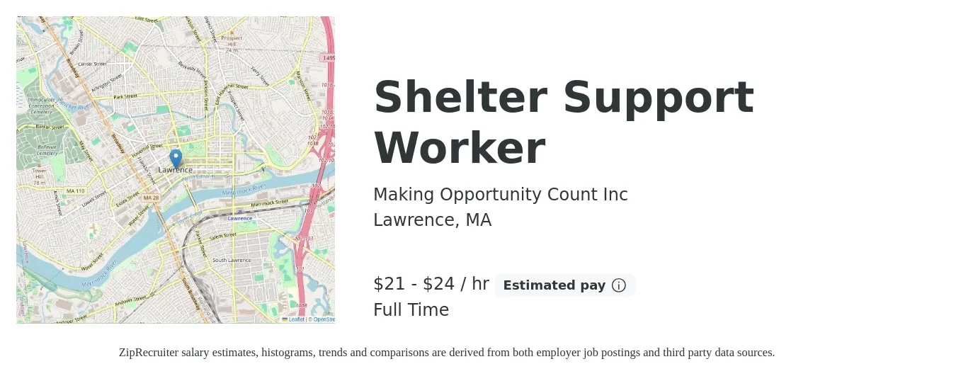 Making Opportunity Count Inc job posting for a Shelter Support Worker in Lawrence, MA with a salary of $22 to $25 Hourly with a map of Lawrence location.
