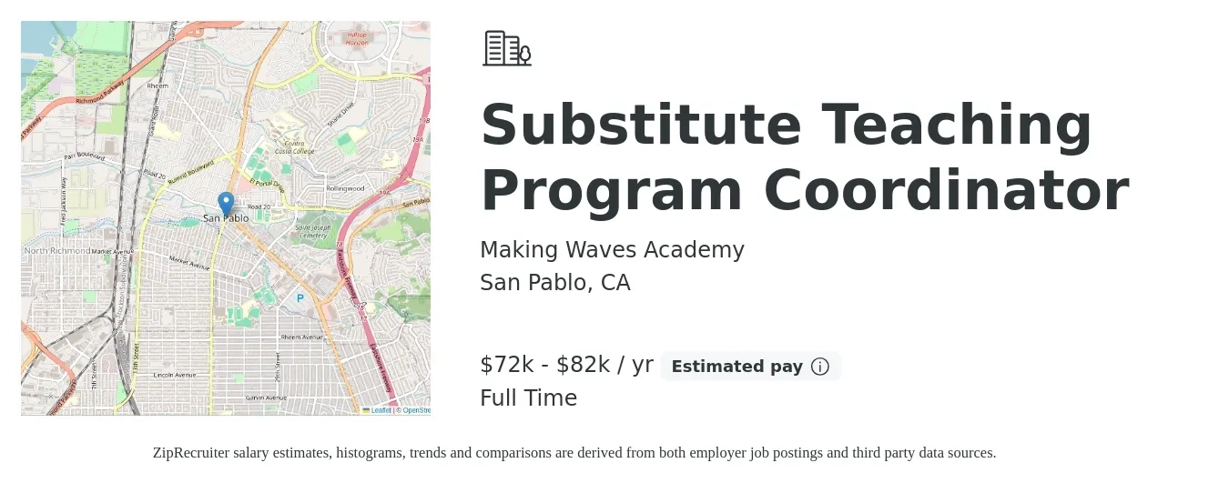 Making Waves Academy job posting for a Substitute Teaching Program Coordinator in San Pablo, CA with a salary of $72,000 to $82,000 Yearly with a map of San Pablo location.