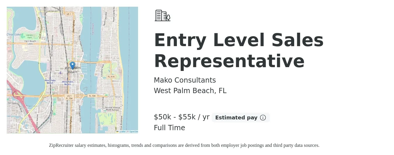 Mako Consultants job posting for a Entry Level Sales Representative in West Palm Beach, FL with a salary of $50,000 to $55,000 Yearly with a map of West Palm Beach location.